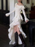 Nukty Y2K Solid Jacquard Irregular Dress Women Layered Ruffles Slim Sexy Party Dress Autumn New Prom Robe Wedding Vestidos Mujer New