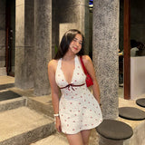 Nukty Cherry Print V-Neck Sleeveless Sexy Backless Casual Halter Mini Dress Y2K Spring Summer Streetwear Party Women Vestidos