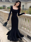 Nukty Autumn Sexy Black Mermaid Party Dress for Women Square Collar Long Sleeve Slim Bodycon Vestidos Elegant Streetwear Long Robe