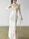 Nukty Women's Floral Ruffles Sexy Slim Dresses  French Vintage Women White Lace Long Sleeved Dress Summer Holiday A-line Vestidos New