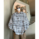 Nukty Men Shirt Plaid Tie-dye Long Sleeve Mens Casual Loose Shirt Autumn High Quality Oversized Male Checked Shirt Red/Blue/Gray
