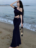 Nukty Elegant Solid Skirt Suits New Fashion Diagonal Collar Short Top + Slim Waist Long Skirt Womens Two Pieces Set Female Clothing