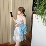 Nukty Fashion Sexy V-Neck Spaghetti Straps Floral Thin Chiffon Dress Women Summer Backless Elastic High Waist Party Club Mini Dresses