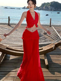Nukty Sexy Red Skirts Suits Elegant Halter V-neck Short Top + Casual High Waist A-line Long Skirt Womens Two Pieces Set Woman Clothing