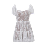 Nukty Sexy Hollow out Printed Short Sleeve Mini Dress Y2K Summer Square Neck Lace Backless Slim Fit Dress Party Evening Dress