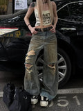 Nukty Blue Womens Jeans High Waist Vintage Y2K 2000s Summer Denim Pants Ripped Streetwear American Wide Leg Baggy Denim Trouser