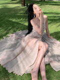 Nukty Women's Summer Elegant Backless Long Dresses New Fashion Spaghetti Strap Evening Party Prom Split Bandage Ruffled Sexy Dress