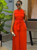 Nukty Spring Summer Sleeveless Wide Leg Jumpsuit Women Turn-down Neck Pocket Front Zipper Fly Street One Piece Suit Playsuits