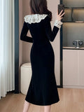 Nukty Women's Velvet Midi Dress Autumn Patchwork Long Sleeve High Waist Mermaid French Vintage Evening Party Prom Robe Vestidos New