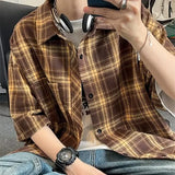 Nukty Casual Plaid Short Sleeve Shirt For Men Summer Japanese Vintage Loose Fit American Style Trendy Brand Jacket