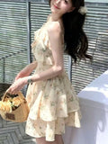 Nukty Elegant French Floral Mini Spaghetti Strap Dress Print Strapless Dresses Women's V-Neck Summer Holiday Beach Festival Clothes