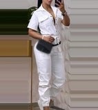 Nukty Women's Casual Short Sleeve Pocket Design Cuffed Cargo Jumpsuit Summer New Female Clothes Fashion Drawstring Jumpsuits