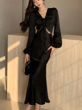 Nukty Autumn Satin Long Dresses for Women Long Sleeve Slim Mermaid Dress Vintage Solid Wedding Party Prom Robe Lace Up Vestidos Mujer