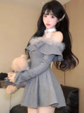 Nukty Korean Sweet Mini Dress Sexy Gray Off Shoulder Long Sleeves Lace-up A-Line Party Dresses Y2K Female One Piece Vestidos Mujer New