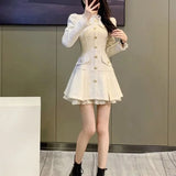 Nukty Women Spring and Autumn New Doll Neck Pleated Skirt Fashion Sweet Youth Style Solid Button Ruffle Edge Long Sleeve A-line Skirt