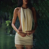 Nukty Sexy Solid Ruffles Backless Sleeveless Fashion Halter Mini Dress 2025 New Summer Vacation Outfits Party Women Vestidos