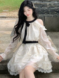 Nukty Sweet Off Shoulder Womens Dresses Elegant Bow Lace-up Long Sleeves Princess Ruffles Party Short Dress Spring A-line Vestidos New