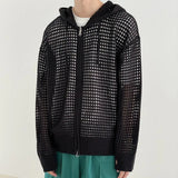 Nukty Hollow Design Men Jacket Hooded Hip Hop Cardigan Stylish Men's Winter Jacket with Hollow Out Design Zipper Closure Men Hooded