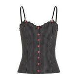 Nukty Vintage Contrast Button Stitching Camis Women Causal Slim-fitting Sleeveless Slit Crop Top Summer Retro Striped Print Tee