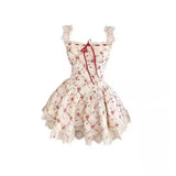 Nukty Y2K Sweet Floral Dress Set Woman Casual Red Short Cardigan Elegant Lace Mini Dress Female Korean Prairie Chic Clothing Suit