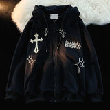 Nukty American Style Trendy Brand Embroidered Sport Jacket Oversize Couple Top Cardigan Hooded Sweatshirt Men Spring Autumn Casual Loo
