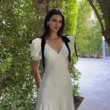 Nukty Elegant Temperament Bow Summer Casual Maxi Dresses V-Neck Y2K Slim Fit Long Dress Evening Party Office Holiday Vestidos