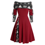 Nukty Long Sleeve Colorblock Dress Christmas Dress Tree Snowflake Print Cinched Godet A Line Mini Robe For Women