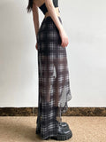 Nukty Casual Plaid Srawstring Ruffles Split Skirt See Through Slim Low-Waisted Maxi Skirts Women Summer Fashion Streetwear
