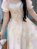 Nukty Women Vintage Floral Print Midi Dress Summer New Fashion Casual Square Collar Female Puff Sleeve Elegant Fairy Holiday Vestidos