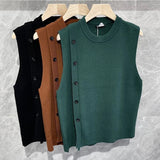 Men's Luxury Knitted Pullover Sweater Vest Casual Streetwear Button Solid Color O Neck Sleeveless Loose Stylish Vintage Knitwear