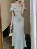 Nukty Sexy Solid Off Shoulder Mermaid Dresses Summer Slim Waist Vestidos Mujer Elegant Ruffles Slash Neck Bodycon Evening Party Dress