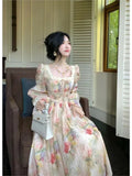 Nukty Autumn Women Painting Printed Long Dress French New Square Collar Lantern Sleeve Midi Dress Casual Lace-up Lady Vestidos Largos