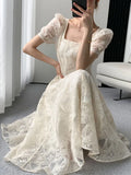 Nukty Vintage Fairycore Lace Long Dress Women Princess Sleeve Square Collar Dresses Elegant Beige Solid Evening Party Prom Vestidos