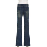 Nukty  Y2K Low Rise Flare Jeans for Woman Streetwear Aesthetic Print Jean Pants Vintage Washed Denim Trouser Grunge Fairycore