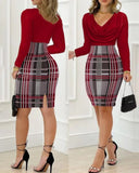Nukty Two Piece Set Women Outfit Spring Fashion Colorblock Plaid Print Cowl Neck Slit Elegant Long Sleeve Skinny Work Mini Skirt Set