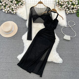 Women Black Mesh 2 Pieces Set Fashion Halter Neck Sleeveless Backless Ruched High Split Bodycon Dress And Crop Top Suits