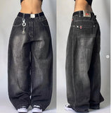 Nukty New American Harajuku Retro Straight High Waist Y2K Street Style Women Washed Blue Pockets Baggy Jeans Gothic Wide Pants