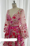 Nukty Barbie Pink Embroidered Flower V-neck Bride Dress Loose Full sleeve and Belt Beach Evening Gown for Wedding Guest Birthday Party