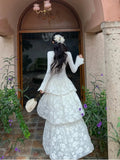 Nukty Elegant Fairy Womens Dresses Knitted Patchwork Flare Sleeves Princess Cake Long Dress Autumn Party Prom A-Line Vestidos Robe New