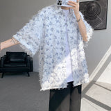 Nukty Summer Butterfly Tassel Splice Shirt Men Loose Casual Floral Short Sleeve Shirts Women Oversize Streetwear Boy Girl Blouses