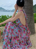 Nukty Summer  Floral Neck Halter Dresses Women New French High Waisted Cake Dress Beautiful Romantic Flowers Vestido