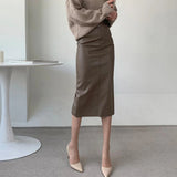 Nukty Elegant Fashion Faux Leather PU Skirts Women Clubwear Party Office Lady High Waist Midi Skirts Bodycon Wrap Hips Bottom Clothes
