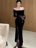 Nukty Women's Sexy Black Velvet Dress Elegant Chic Off Shoulder Lace Split Evening Party Dresses Autumn Female Bodycon Vestidos Mujer