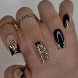 Nukty 24Pcs Long Square Head False Nails with Gold Foil Design Wearable Black French Fake Nail Glitter Coffin Full Cover Press on Nail