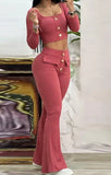 Nukty New Fashion Summer Casual Elegant Womens Two Piece Sets Outfit Square Neck Buttoned Top & Pocket Design Flared Pants Set