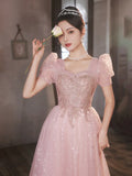 Nukty DRESS TO IMPRESS Pink Sequin Evening Dress Elegant Appliques Floor-Length Pearl Beading Prom Party Gown Princess Bubble Sleeve Vestido De Festa