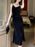 Nukty Elegant Women Black Backless Birthday Velvet Dress Autumn Spaghetti Strap Slim Party Evening Dresses Female Casual Vestidos