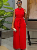 Nukty Spring Summer Sleeveless Wide Leg Jumpsuit Women Turn-down Neck Pocket Front Zipper Fly Street One Piece Suit Playsuits