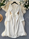 Nukty Autumn Elegant Jacquard Fairy Dress Vintage Court Style Lantern Sleeve Princess Party White Dresses Korean Bandage Vestidos New