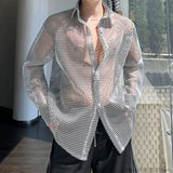 Nukty Transparent Mesh Shirt Hollow Out Jacket Personality Breathable Youth Fashion Long Sleeve Tops Men Lapel Party Clubwear